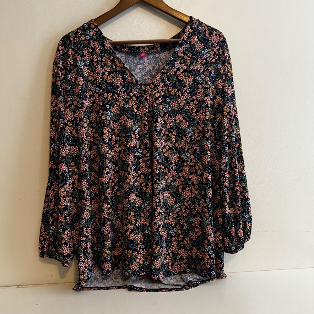 Vince Camuto Women's XXL Navy Floral Blouse Boho Indie Fall Basics Capsule